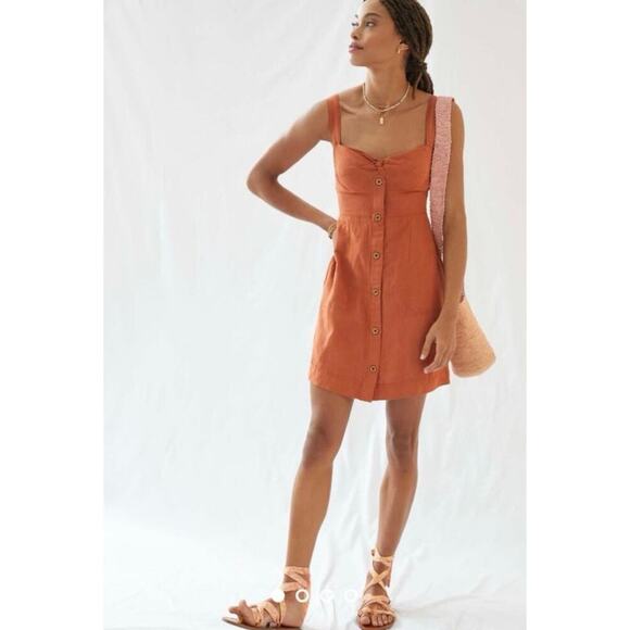 Maeve Linen Twist Front Mini Dress XS Burnt Orange Tie Back Bow Cottagecore - Picture 1 of 12
